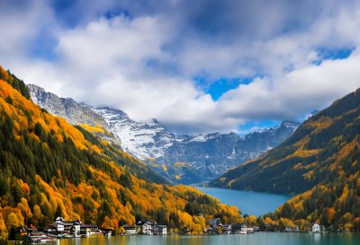 oeschinensee, switzerland, mountain, lake, forest, autumn, fog, landscape, water, clouds, rock formation, natural beauty, hiking, panorama, low cloud, tourism, snow, alpine, european, relaxation, fresh air, Canton of Bern, Kandersteg, Switzerland