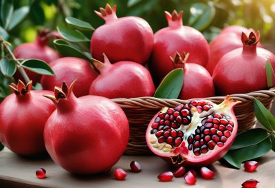 pomegranate, basket, leaves, fresh, fruit, seeds, red, health, table, nature, vitamins, juicy, garden, ripe, summer, freshly harvested