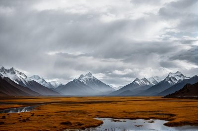 tibet, rain curtain, alpine lake, mountain range, tibetan plateau, storm clouds, dramatic weather, wilderness, grassland, high altitude, power poles, overcast sky, travel, landscape, clouds, nature, rural, remote, roadway, hiking