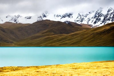 yamdrok, lake, tibet, sacred lake, turquoise water, snow-covered mountains, alpine meadow, rugged landscape, high elevation, cloudy sky, pastureland, wilderness, mountain range, mountain meadow, nature photography, nature, landscape, natural beauty, tranquility, seclusion, aerial view