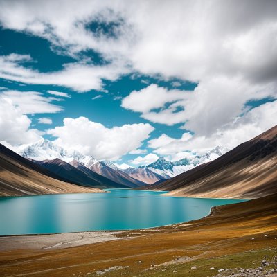 yamdrok lake, tibetan plateau, sacred lake, turquoise water, snow-capped mountains, lakeside shore, alpine grassland, blue sky, cumulus clouds, dramatic landscape, natural landscape, panorama, wild, exploration, tranquil, clean air, mountain region, vacation escape, peaceful atmosphere