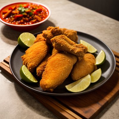 fried chicken, lime, plate, red chili, food, asian cuisine, wooden table, lemon juice, spicy, crispy, culinary, appetizer, spring, bamboo mat, sauce, nature, white napkin, decoration, picnic, light meal