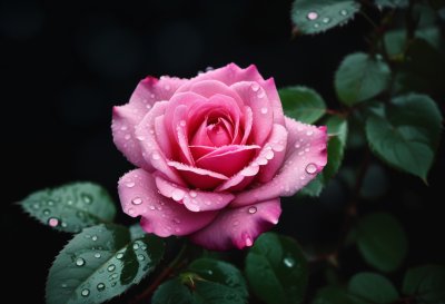 rose, pink rose, macro photography, nature, water droplets, petals, pink color, leaves, morning dew, garden, beauty, love, rose flower, romance, fresh, humidity, delicacy, calm, bloom, soft colors, flower photography, ai generated