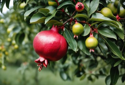 pomegranate, fruit on tree, ripe fruit, garden plant, leaves, botany, nature, green color, red color, summer season, crop, agriculture, healthy eating, vitamins, food cultivation, freshness, health benefits, exotic fruit, natural environment, fruit cultivation