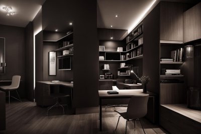 interior design, home office, modern interior, bedroom, study, pc, headphones, music, sound, technology, games, playstation, gamer, ps4, ps5, console, play, xbox, red, space red, night, led, dark, render, room