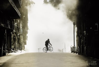 bicyclist, man, beard, running, bike, alley, bridge, stairs, naturally, parka, sports, health, lifestyle, helmet