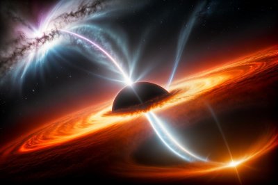 supermassive black hole, bright accretion disk, plasma jet, distant galaxy, cosmic horror, realistic rendering, hubble-inspired, high contrast, deep black, vibrant orange, swirling plasma, dramatic lighting, space phenomenon, sci-fi, fantasy