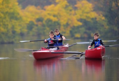 boys, rowing, kayak, water, lake, recreation, autumn, leaves, row, sports, nature, park, birds