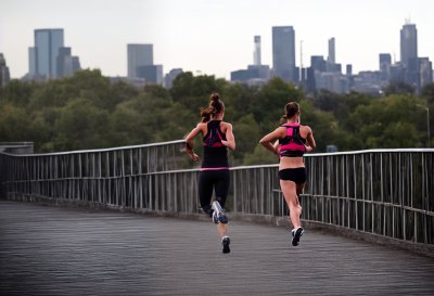 girl, running, jogging, exercise, bridge, sidewalk, cityscape, building, trees, sports, health, nature, lifestyle, urban, autumn