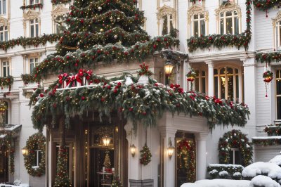 decoration, ornament, xmas, facade, hotel, nature, building, entrance, balcony, windows, figures, horse, street, cars, traffic