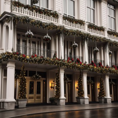 decoration, ornament, xmas, facade, hotel, nature, building, entrance, balcony, windows, figures, horse, street, cars, traffic