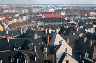 roof, houses, buildings, cityscape, poland, city, town, blocks, roofs, towers, people, cars, urban, aerial view, horizon
