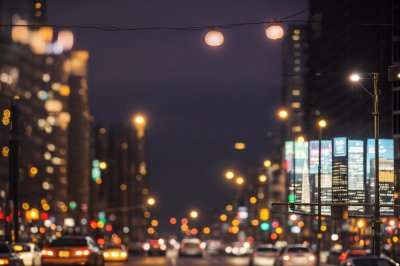 cityscape, evening, buildings, lights, cars, metropolis, advertising, shops, people, street, urban