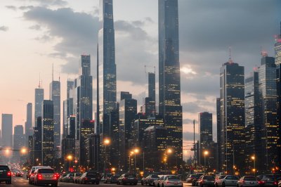 cityscape, buildings, metropolis, evening, lights, cars, shops, people, street, urban, skyscrapers, towers, tall