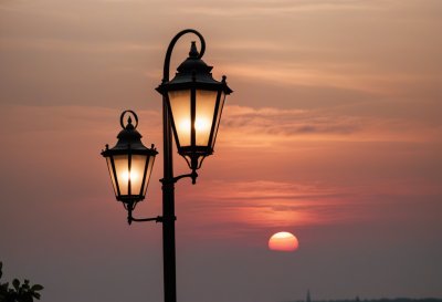 lamps, lighting, sunrise, light, street lamp, lantern, nature, road, path, pedestrian