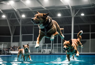 dog diving, canine sports, dog competition, water dogs, dog jump, splash, dog in midair, sporting dogs, agility dogs, active dogs, pet competition, dog event, high jump dog, dog splash, outdoor dog event, athletic dogs, water sport, dog action shot, flying dog, pet photography, dog show, dog training, energetic dogs, dog leap