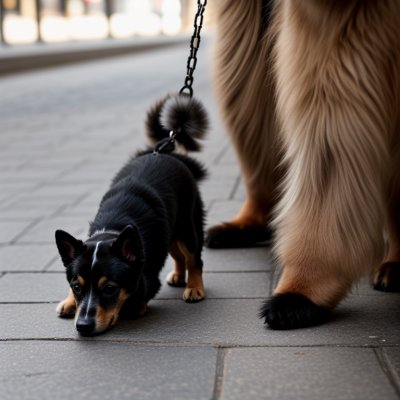 dog, pet, leash, animal, fur, black, lying, pavement, outdoors, nature, terrace, brasserie, sidewalk, street, chairs, people
