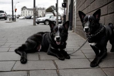 dog, pet, leash, animal, fur, black, lying, pavement, outdoors, nature, terrace, brasserie, sidewalk, street, chairs, people