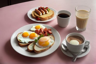 breakfast, toast, eggs, fruit, sausages, juice, coffee, table, pink, plate, food, orange, banana, strawberry, blueberry, kiwi, mug, cup, knife, spoon, napkin, drink, meal, healthy, coffee cup, delicious