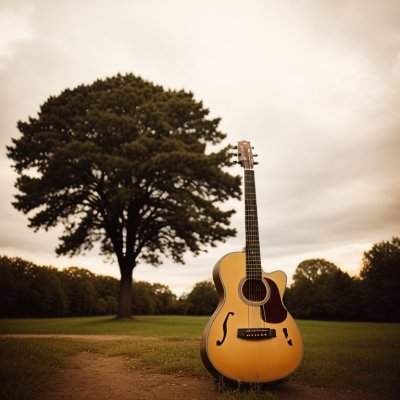 guitar, music, tree, sky, path, instrument, nature, strings