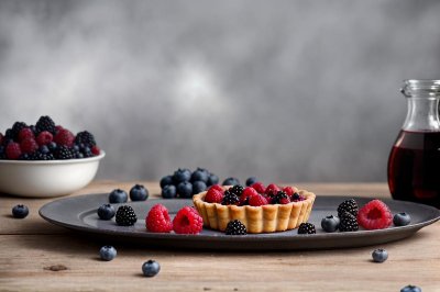berry tarts, berry, raspberries, blueberries, blackberries, powdered sugar, black plate, coffee pot, black cup, teapot, spoon, wooden table, breakfast, dessert, pastries, vintage, still life, dried flowers, dandelions, copper vase, rustic, comfortable, food photography, close up, cute