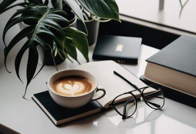 houseplant, coffee, glasses, journal, workspace, work, smartphone, business, technology, communication