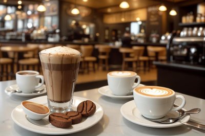 coffee, café, latte, cappuccino, espresso, barista, latte art, coffee beans, coffee cup, grinder, iced coffee, hot coffee, café interior, coffee shop, cozy café, coffee culture, breakfast, croissant, coffee lifestyle, caffeine, mug, takeaway coffee, americano, flat lay, cup, ai generated