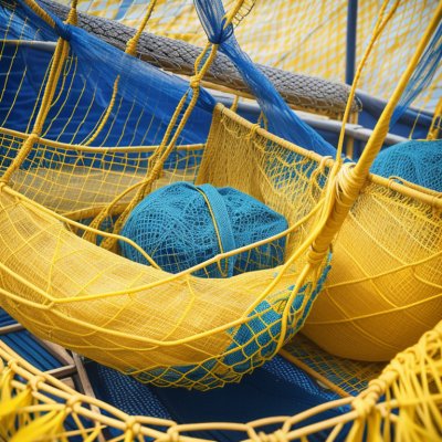fishing nets, fishing, net, blue and yellow, yellow and blue, fishing boat, colourful, colorful