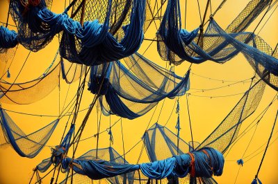 fishing nets, fishing, net, blue and yellow, yellow and blue, fishing boat, colourful, colorful