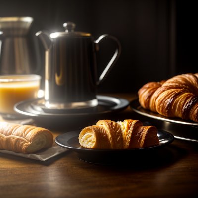 breakfast, croissant, jam, honey, coffee machine, coffee pot, black dishes, bread basket, bun, paprika, tomatoes, rustic table, baked goods, morning meal, mediterranean, comfortable, food scene, enjoyment, café atmosphere