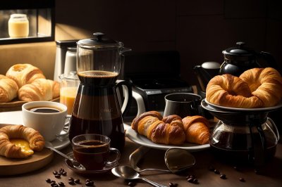 breakfast, croissant, jam, honey, coffee machine, coffee pot, black dishes, bread basket, bun, paprika, tomatoes, rustic table, baked goods, morning meal, mediterranean, comfortable, food scene, enjoyment, café atmosphere