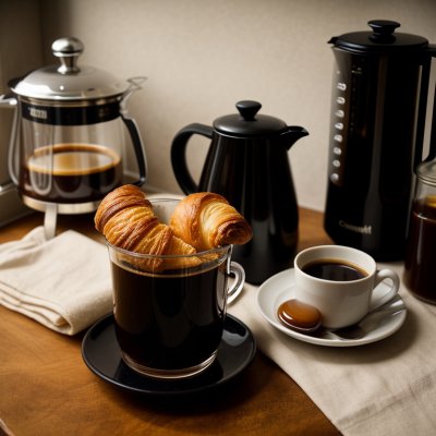 breakfast, croissant, jam, honey, coffee machine, coffee pot, black dishes, bread basket, bun, paprika, tomatoes, rustic table, baked goods, morning meal, mediterranean, comfortable, food scene, enjoyment, café atmosphere