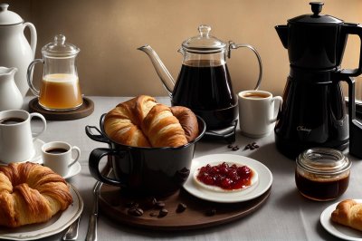 breakfast, croissant, jam, honey, coffee machine, coffee pot, black dishes, bread basket, bun, paprika, tomatoes, rustic table, baked goods, morning meal, mediterranean, comfortable, food scene, enjoyment, café atmosphere