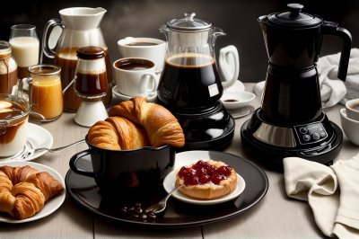 breakfast, croissant, jam, honey, coffee machine, coffee pot, black dishes, bread basket, bun, paprika, tomatoes, rustic table, baked goods, morning meal, mediterranean, comfortable, food scene, enjoyment, café atmosphere