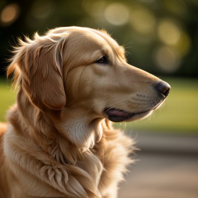 golden retriever, dog, pet, animal, canine, backlit, golden hour, sunset, 8k wallpaper, rim light, glow, warm tones, outdoor, nature, portrait, shallow depth of field, bokeh, lens flare, minimal background, copy space, photorealistic, 8k, detailed, soft light, elegant, serene