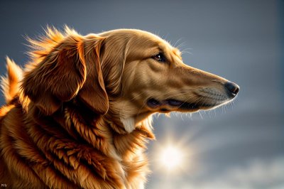 golden retriever, dog, pet, animal, canine, backlit, golden hour, sunset, 8k wallpaper, rim light, glow, warm tones, outdoor, nature, portrait, shallow depth of field, bokeh, lens flare, minimal background, copy space, photorealistic, 8k, detailed, soft light, elegant, serene