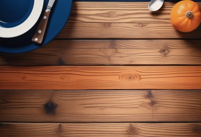 ai generated, wooden table, top view, empty space, menu background, rustic texture, natural light, realistic layout, cafe design, minimalist