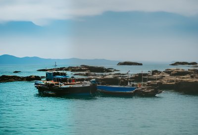 sea, ocean, nature, water, boat, mountains, landscape, blue, blue sky, sky, clouds, vietnam