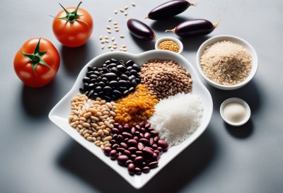 nutrition, proteins, grain, beans, rice, lentils, supplement, dust, dumbbells, orange, blue, fitness, muscle, diet, carbohydrates, healthy, food, energy, sport, building, body, gym, training, ingredients, generated by ai