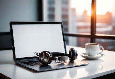 headphones, laptop, office, desk, coffee, cup, window, steam, morning, light, interior, modern, coffee cup, home, technology, remote work, minimalist, workspace, calm, morning coffee