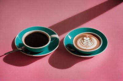 coffee, espresso, cappuccino, cup, saucer, pink background, shadows, milk foam, latte art, two cups, blue ceramic, morning, table setting, pink coffee, coffee cup, stylish photo, coffee with friends, daylight, tranquil moment, classic design