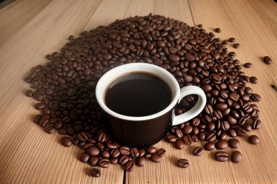 coffee, mug, bean, espresso, white mug, roasted beans, dark roast, caffeine, coffee break, hot beverage, black coffee, woody aroma, foam texture, simplicity, clean composition, elements, high angle view, minimalism, coffee cup, conceptual art, rustic style