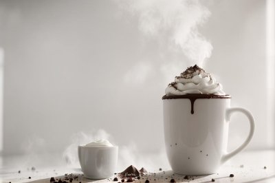 mug, hot chocolate, steam, whipped cream, chocolate shavings, beverage, hot, creamy, nice treat, fresh, milk drink, sweet, comfort, pleasant, warm drink, white, ceramic mug, dessert, yellow