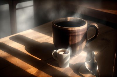 coffee, cup, ceramic, mug, sunlight, wood, table, texture, shadows, morning, cozy, calm, soft light, handmade, brown, coffee cup, blue, glaze, pottery, craft, detail